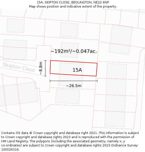 15A, SKIPTON CLOSE, BEDLINGTON, NE22 6NP: Plot and title map