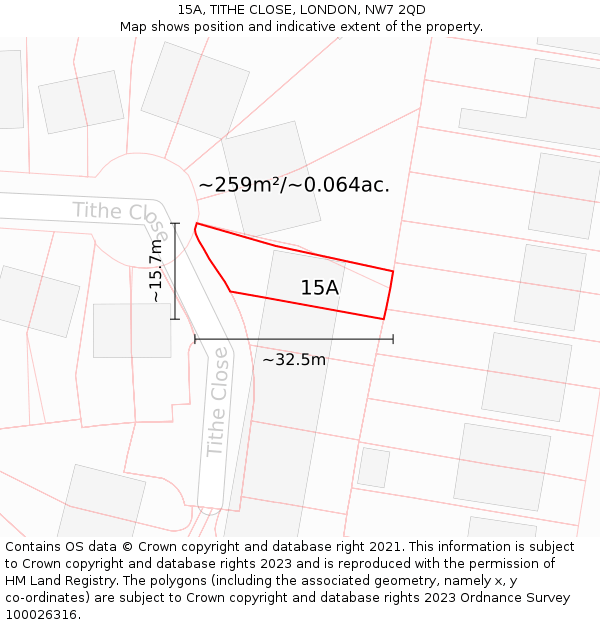 15A, TITHE CLOSE, LONDON, NW7 2QD: Plot and title map