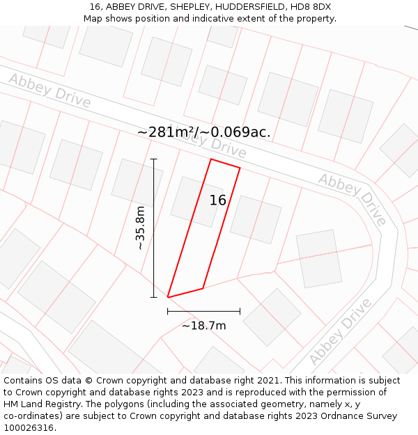 16, ABBEY DRIVE, SHEPLEY, HUDDERSFIELD, HD8 8DX: Plot and title map