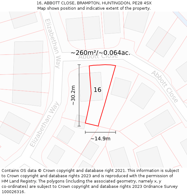 16, ABBOTT CLOSE, BRAMPTON, HUNTINGDON, PE28 4SX: Plot and title map