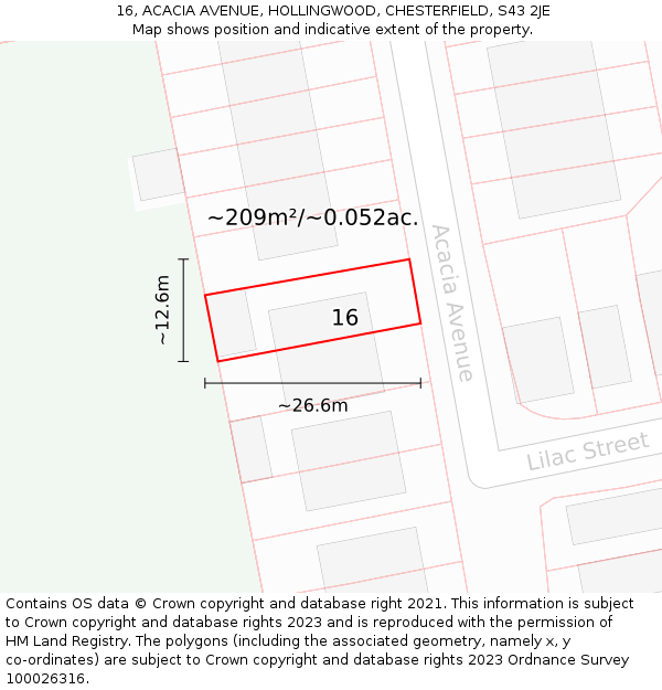 16, ACACIA AVENUE, HOLLINGWOOD, CHESTERFIELD, S43 2JE: Plot and title map