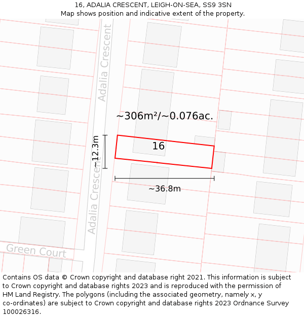 16, ADALIA CRESCENT, LEIGH-ON-SEA, SS9 3SN: Plot and title map