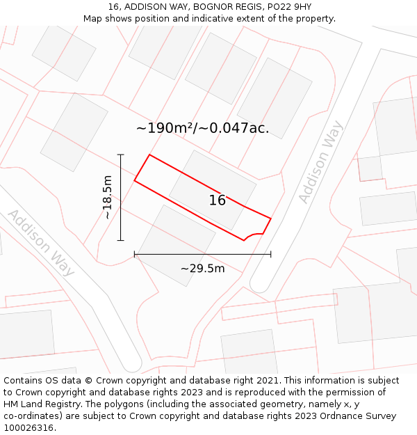 16, ADDISON WAY, BOGNOR REGIS, PO22 9HY: Plot and title map