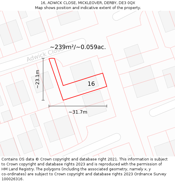 16, ADWICK CLOSE, MICKLEOVER, DERBY, DE3 0QX: Plot and title map