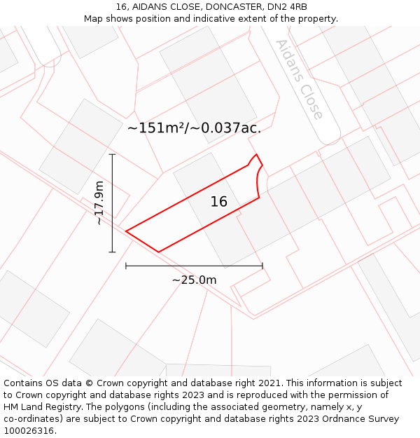 16, AIDANS CLOSE, DONCASTER, DN2 4RB: Plot and title map