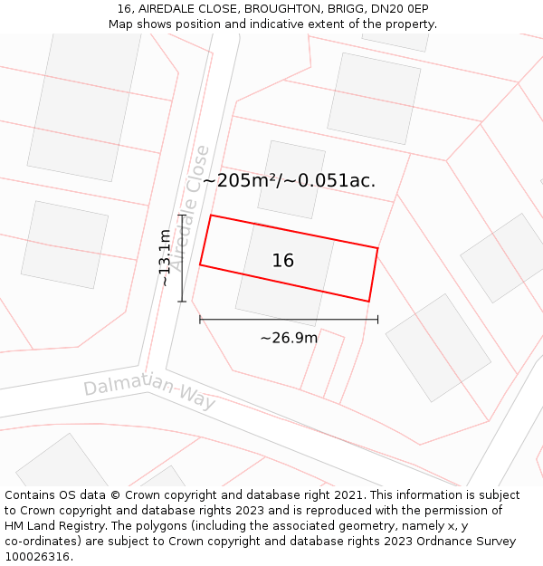 16, AIREDALE CLOSE, BROUGHTON, BRIGG, DN20 0EP: Plot and title map
