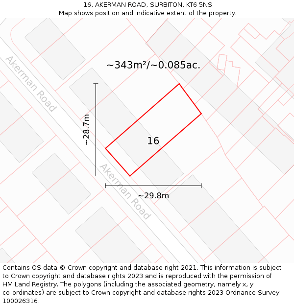 16, AKERMAN ROAD, SURBITON, KT6 5NS: Plot and title map