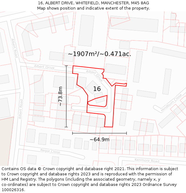 16, ALBERT DRIVE, WHITEFIELD, MANCHESTER, M45 8AG: Plot and title map