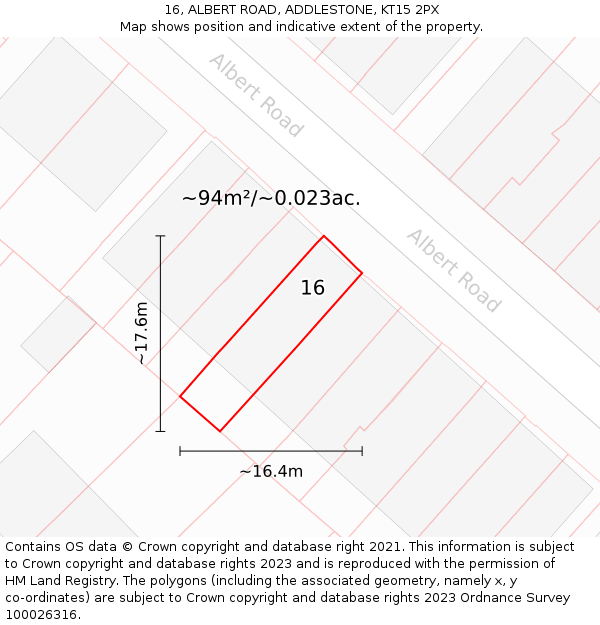 16, ALBERT ROAD, ADDLESTONE, KT15 2PX: Plot and title map