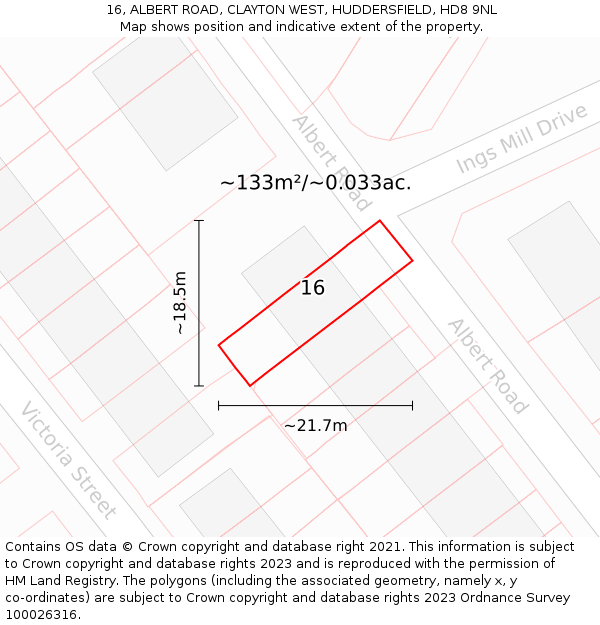16, ALBERT ROAD, CLAYTON WEST, HUDDERSFIELD, HD8 9NL: Plot and title map
