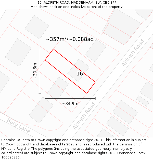 16, ALDRETH ROAD, HADDENHAM, ELY, CB6 3PP: Plot and title map