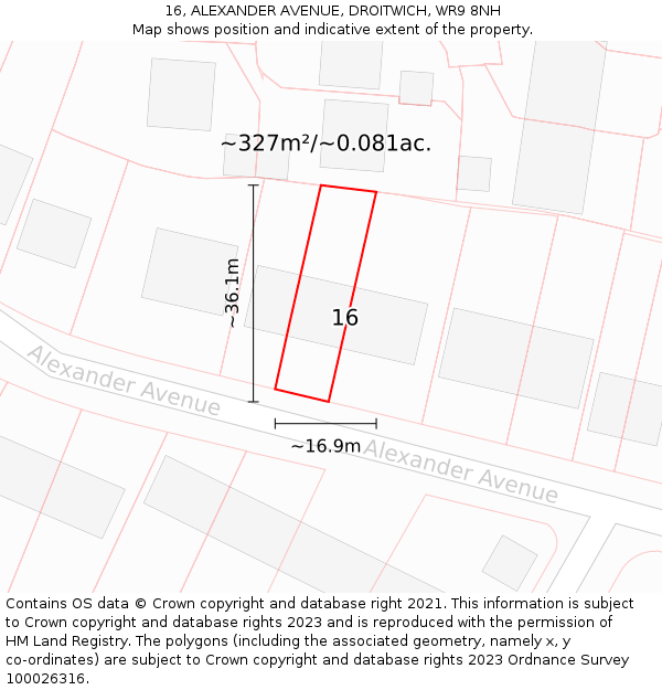 16, ALEXANDER AVENUE, DROITWICH, WR9 8NH: Plot and title map