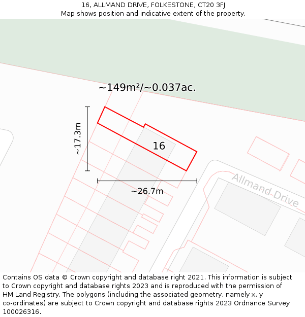 16, ALLMAND DRIVE, FOLKESTONE, CT20 3FJ: Plot and title map