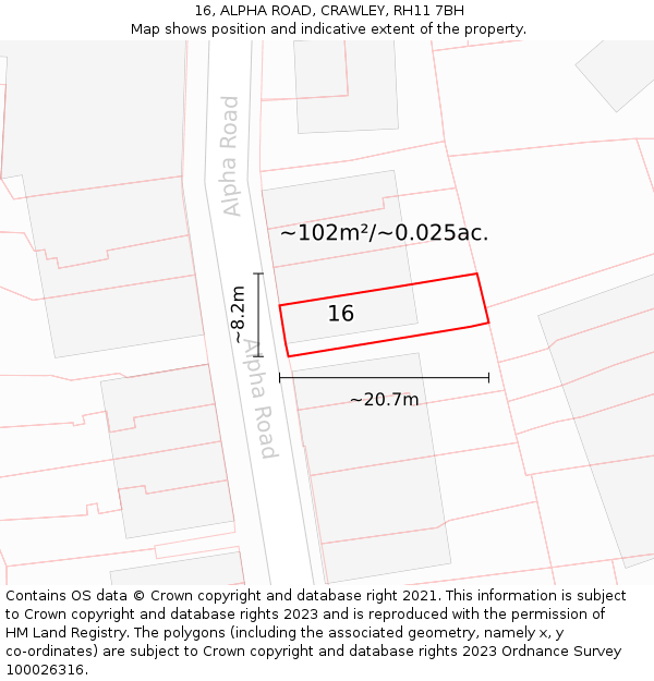 16, ALPHA ROAD, CRAWLEY, RH11 7BH: Plot and title map