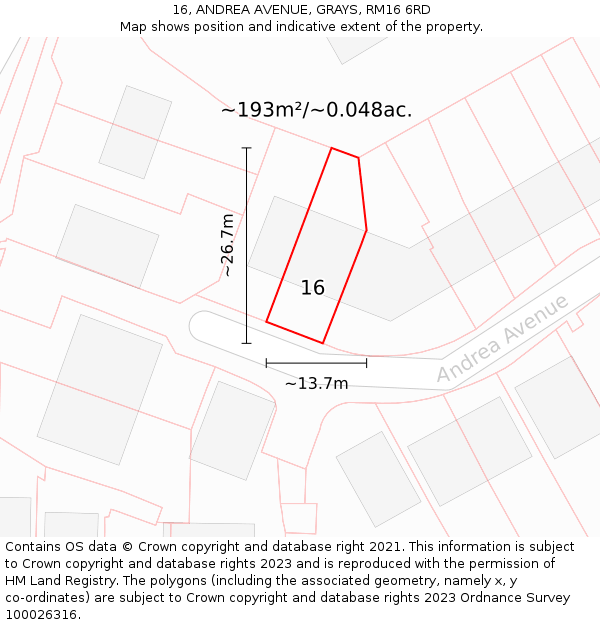 16, ANDREA AVENUE, GRAYS, RM16 6RD: Plot and title map
