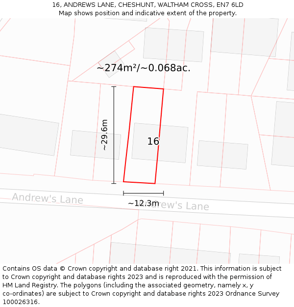 16, ANDREWS LANE, CHESHUNT, WALTHAM CROSS, EN7 6LD: Plot and title map