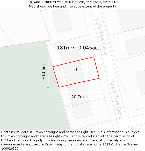 16, APPLE TREE CLOSE, WITHERIDGE, TIVERTON, EX16 8AR: Plot and title map