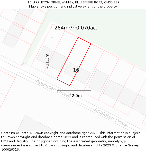 16, APPLETON DRIVE, WHITBY, ELLESMERE PORT, CH65 7EP: Plot and title map