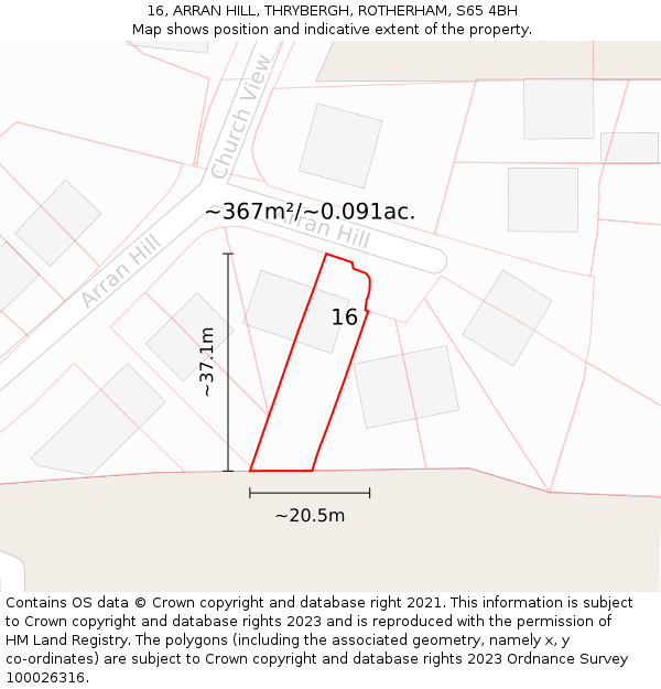 16, ARRAN HILL, THRYBERGH, ROTHERHAM, S65 4BH: Plot and title map