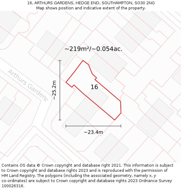 16, ARTHURS GARDENS, HEDGE END, SOUTHAMPTON, SO30 2NG: Plot and title map
