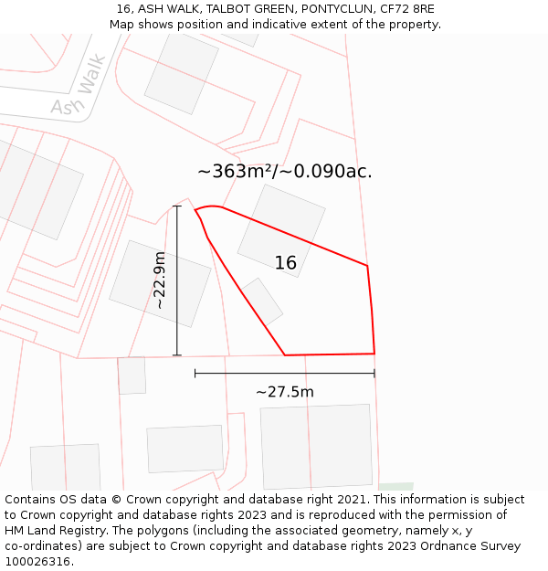 16, ASH WALK, TALBOT GREEN, PONTYCLUN, CF72 8RE: Plot and title map