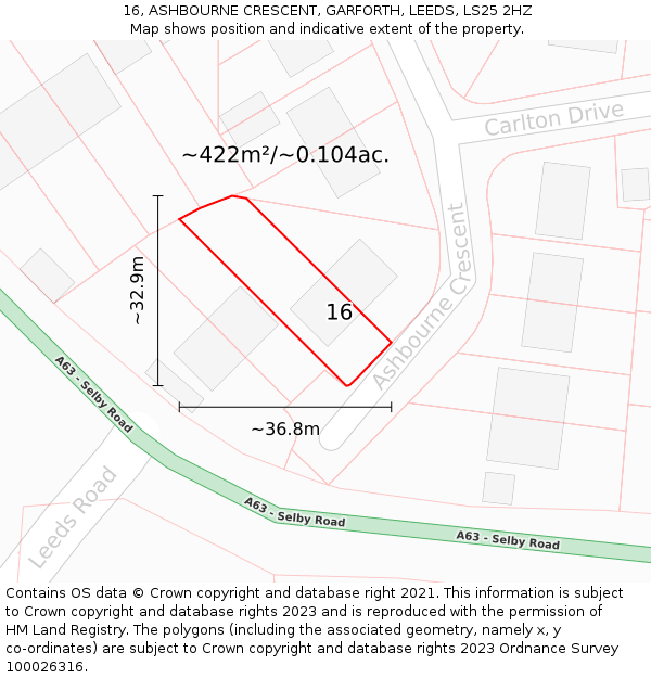 16, ASHBOURNE CRESCENT, GARFORTH, LEEDS, LS25 2HZ: Plot and title map