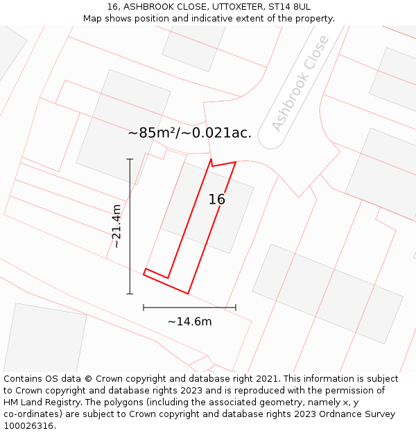 16, ASHBROOK CLOSE, UTTOXETER, ST14 8UL: Plot and title map