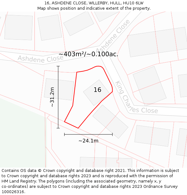 16, ASHDENE CLOSE, WILLERBY, HULL, HU10 6LW: Plot and title map