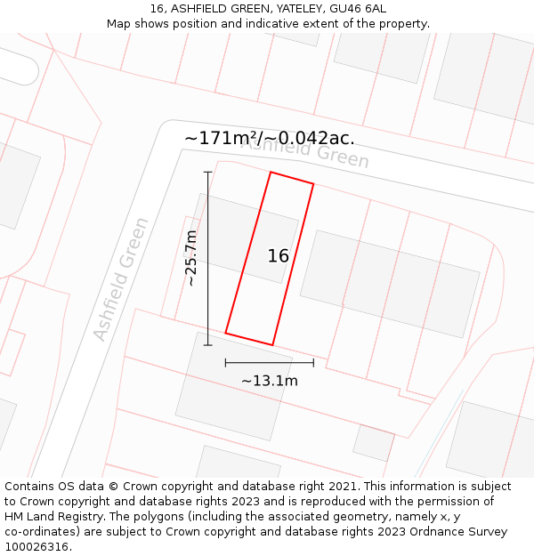 16, ASHFIELD GREEN, YATELEY, GU46 6AL: Plot and title map