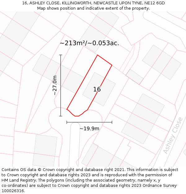 16, ASHLEY CLOSE, KILLINGWORTH, NEWCASTLE UPON TYNE, NE12 6GD: Plot and title map