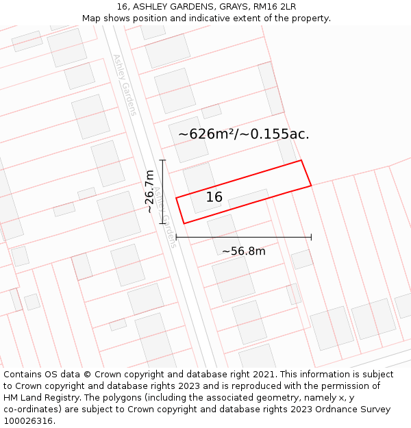 16, ASHLEY GARDENS, GRAYS, RM16 2LR: Plot and title map