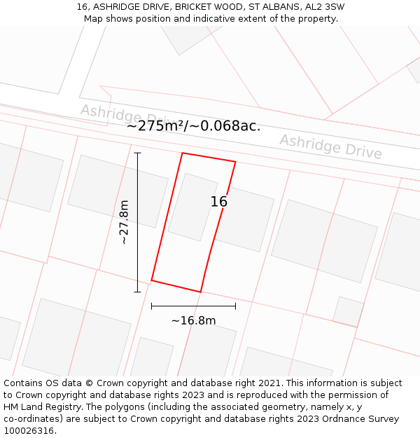 16, ASHRIDGE DRIVE, BRICKET WOOD, ST ALBANS, AL2 3SW: Plot and title map