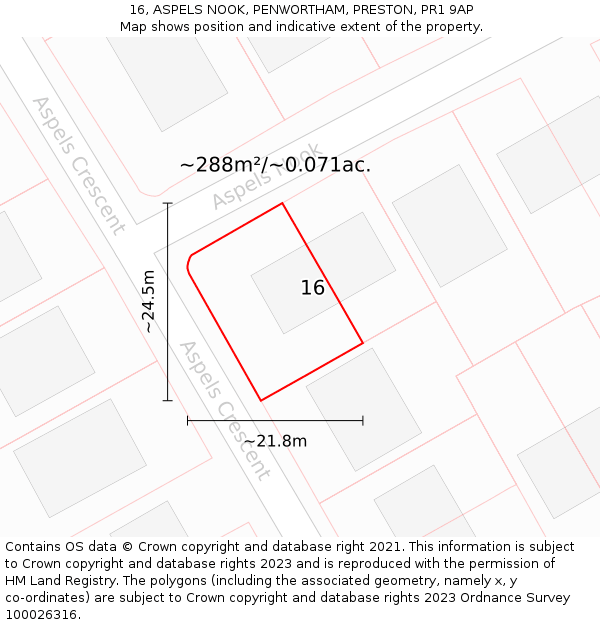 16, ASPELS NOOK, PENWORTHAM, PRESTON, PR1 9AP: Plot and title map