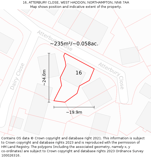 16, ATTERBURY CLOSE, WEST HADDON, NORTHAMPTON, NN6 7AA: Plot and title map
