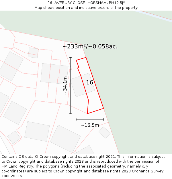 16, AVEBURY CLOSE, HORSHAM, RH12 5JY: Plot and title map