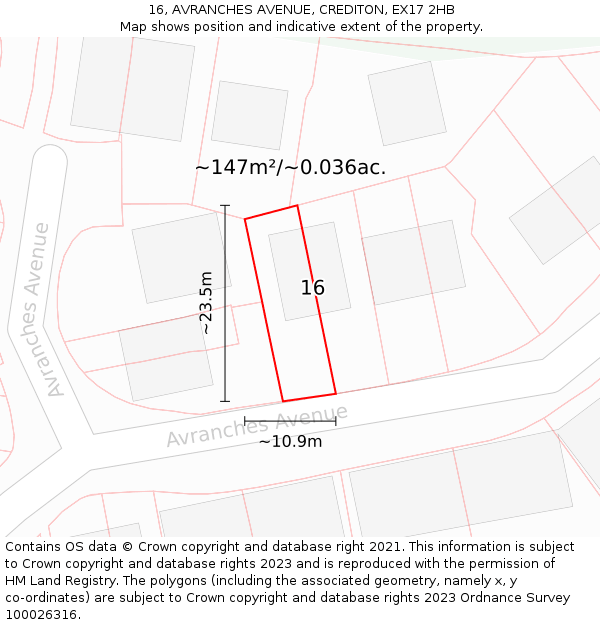16, AVRANCHES AVENUE, CREDITON, EX17 2HB: Plot and title map