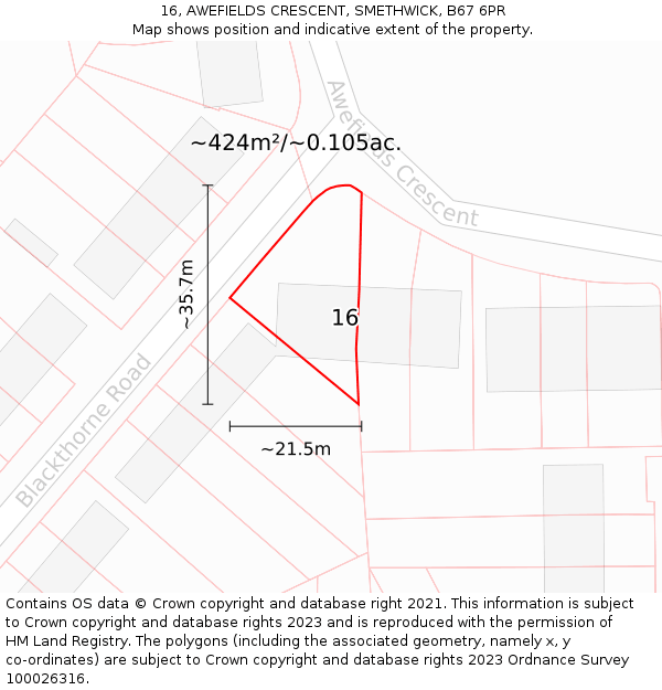 16, AWEFIELDS CRESCENT, SMETHWICK, B67 6PR: Plot and title map
