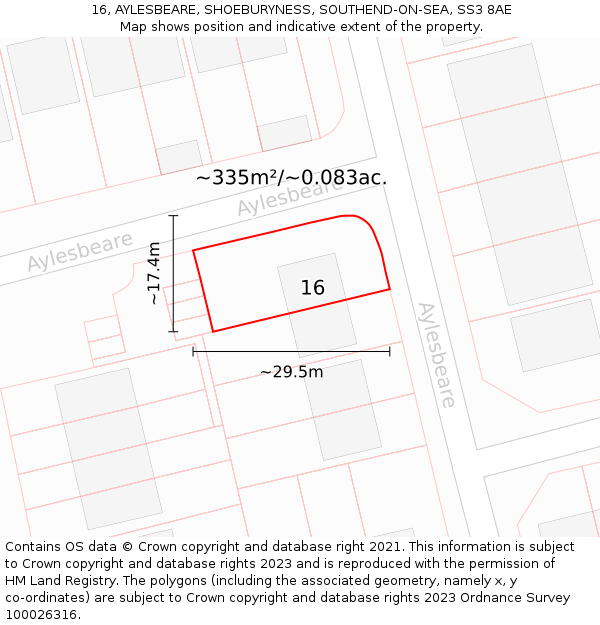 16, AYLESBEARE, SHOEBURYNESS, SOUTHEND-ON-SEA, SS3 8AE: Plot and title map