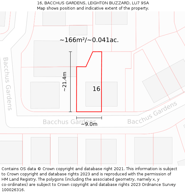 16, BACCHUS GARDENS, LEIGHTON BUZZARD, LU7 9SA: Plot and title map