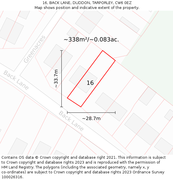 16, BACK LANE, DUDDON, TARPORLEY, CW6 0EZ: Plot and title map