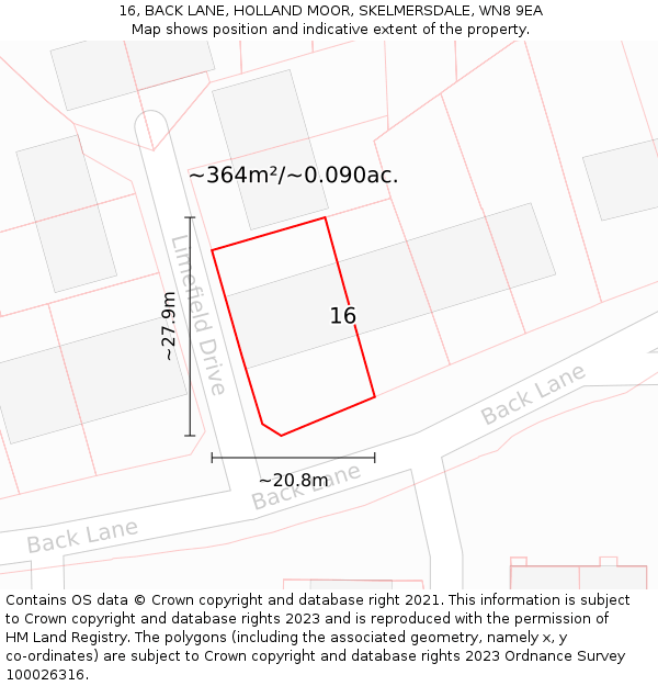 16, BACK LANE, HOLLAND MOOR, SKELMERSDALE, WN8 9EA: Plot and title map