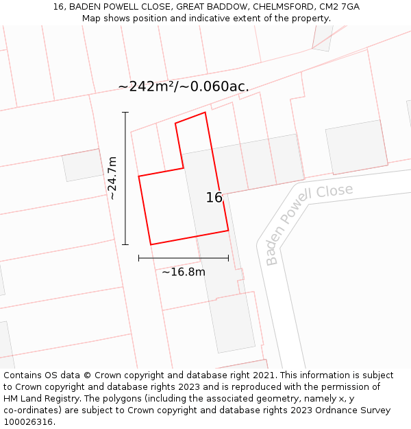 16, BADEN POWELL CLOSE, GREAT BADDOW, CHELMSFORD, CM2 7GA: Plot and title map