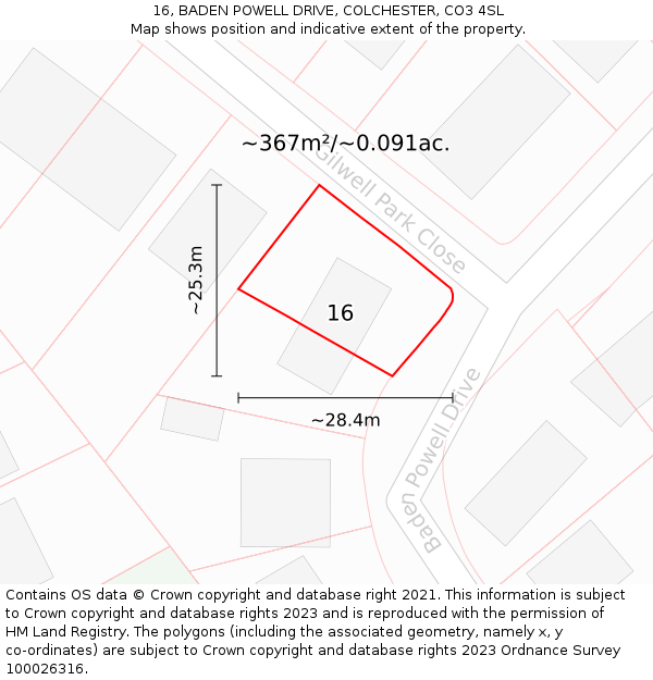 16, BADEN POWELL DRIVE, COLCHESTER, CO3 4SL: Plot and title map