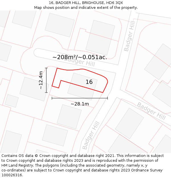 16, BADGER HILL, BRIGHOUSE, HD6 3QX: Plot and title map