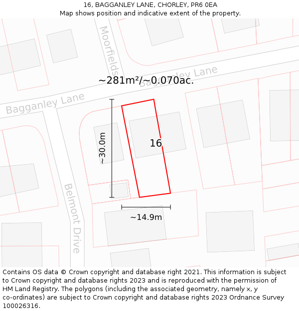16, BAGGANLEY LANE, CHORLEY, PR6 0EA: Plot and title map
