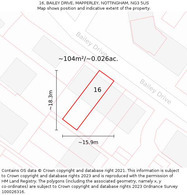 16, BAILEY DRIVE, MAPPERLEY, NOTTINGHAM, NG3 5US: Plot and title map