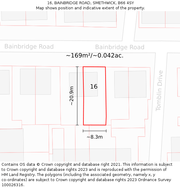16, BAINBRIDGE ROAD, SMETHWICK, B66 4SY: Plot and title map