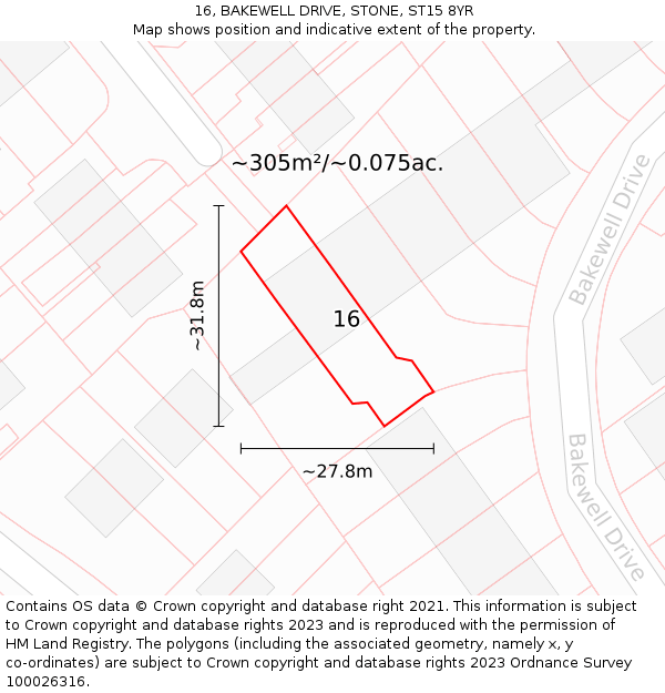 16, BAKEWELL DRIVE, STONE, ST15 8YR: Plot and title map
