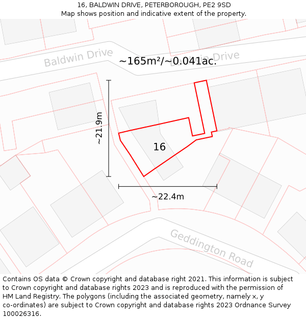 16, BALDWIN DRIVE, PETERBOROUGH, PE2 9SD: Plot and title map