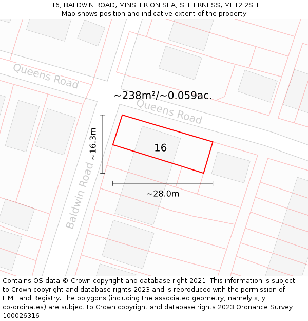 16, BALDWIN ROAD, MINSTER ON SEA, SHEERNESS, ME12 2SH: Plot and title map